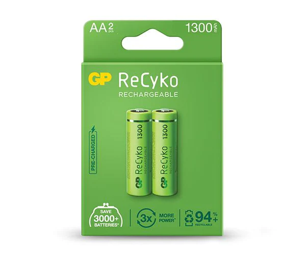 GP ReCyko Pack de 2 Pilas Recargables 1300mAh AA 1.2V - Precargadas - Fabricadas con mas del 10% de 