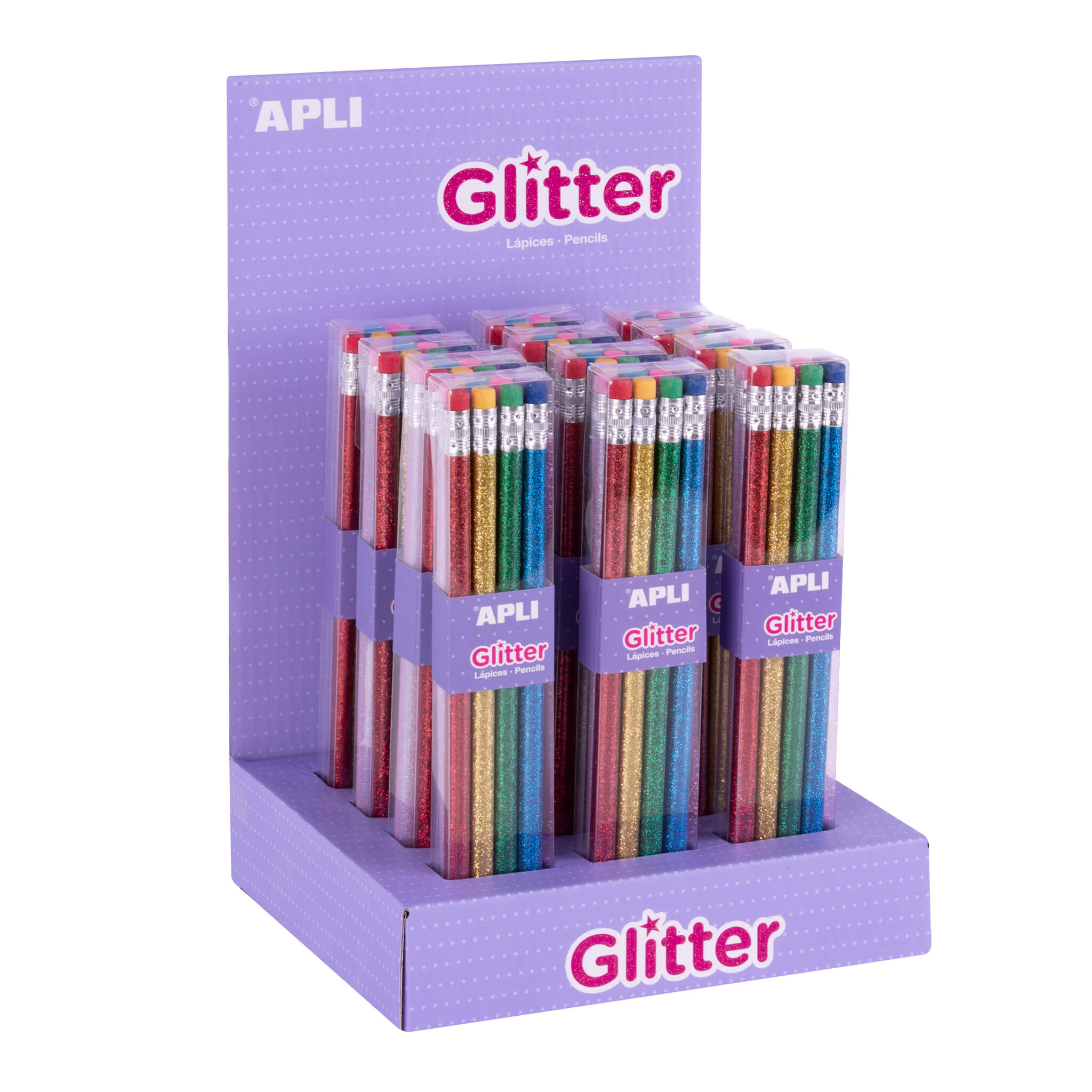 Apli Glitter Collection Lapices de Grafito con Goma - 2mm HB - 12 Packs de 8 Lapices - 8 Colores Pur