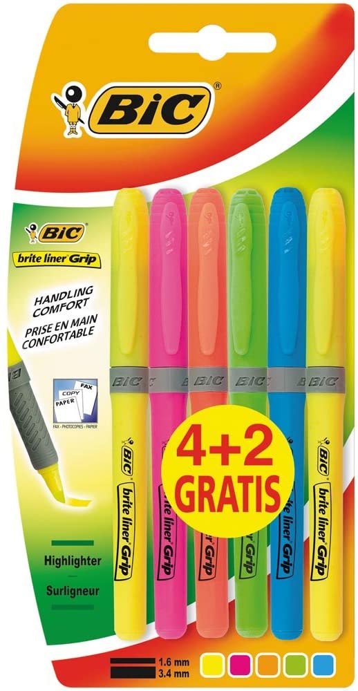 Bic Brit Liner Grip 4+2 Pack de 6 Marcadores Fluorescentes - Tinta con Base de Agua - Punta Biselada