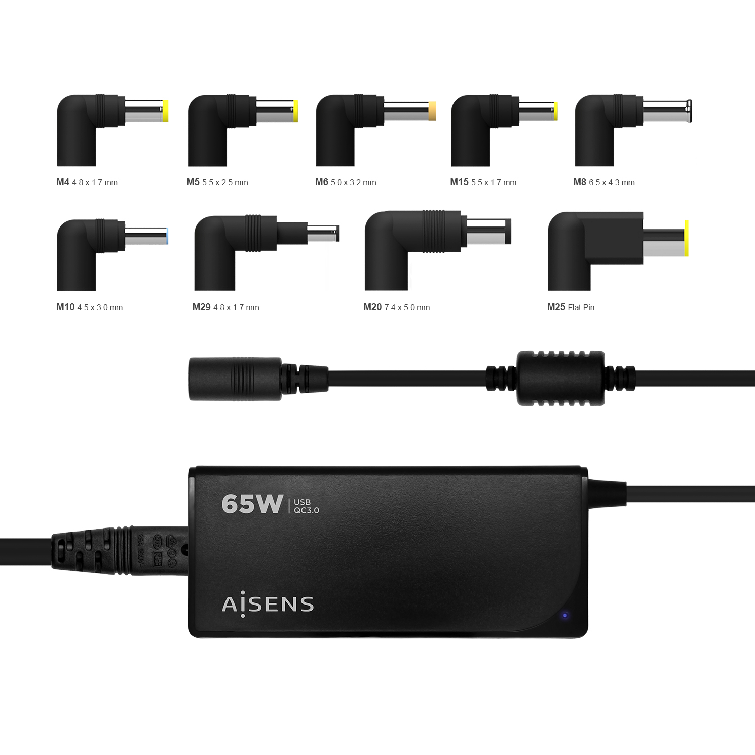 Aisens Cargador 65W Automatico Universal Multitension para Portatil con 9 Conectores + USB-A QC.3.0 