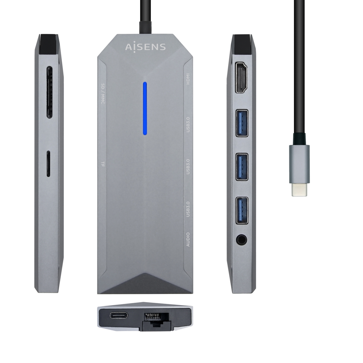 Aisens Dock 9 en 1 Hub USB-C 3.0 con 3x USB-A 3.0, 1x HDMI 1x RJ45, 1x PD 100W, 1x Audio 3.5mm, 1x L