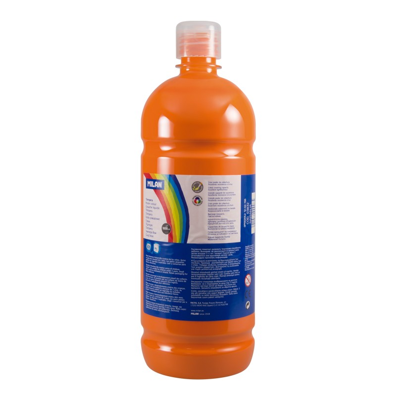 Milan Botella de Tempera - 1000ml - Tapon Dosificador - Secado Rapido - Mezclable - Color Naranja