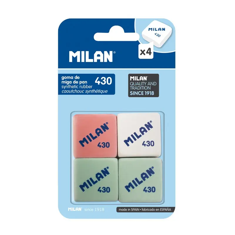 Milan 430 Pack de 4 Gomas de Borrar Cuadradas - Miga de Pan - Suave Caucho Sintetico - Colores Surti