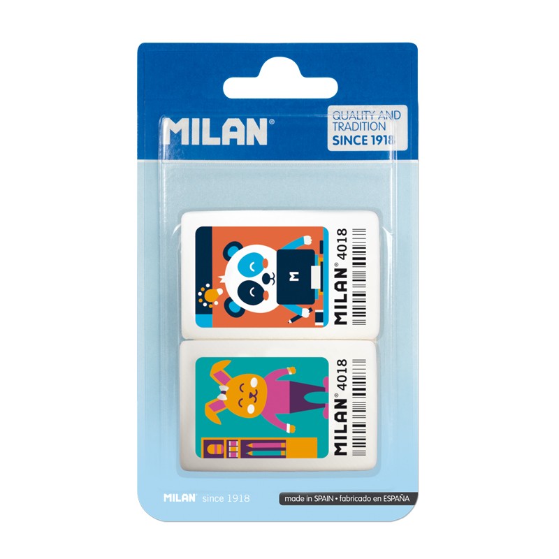 Milan 4018 Pack de 2 Gomas de Borrar Rectangulares - Miga de Pan - Caucho Suave Sintetico - Dibujos 