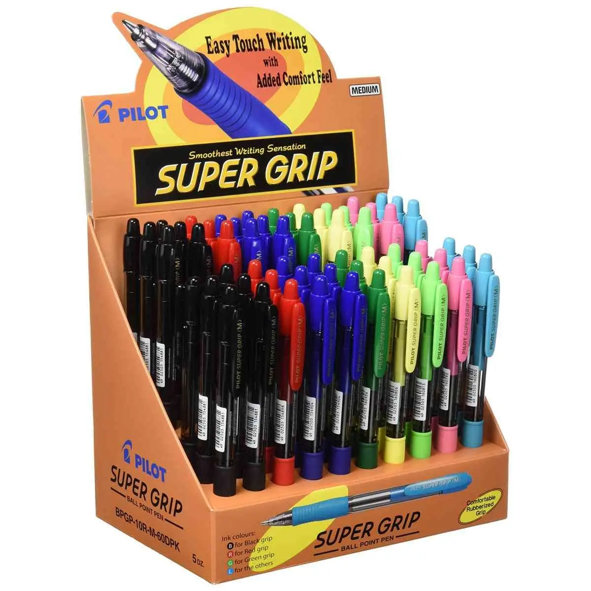 Pilot Expositor de 60 Boligrafos de Bola Retractiles SuperGrip - Punta Redonda 1.0mm - Trazo 0.27mm 