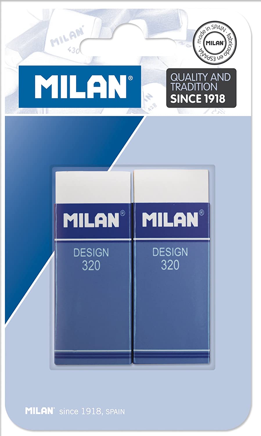 Milan Nata 320 Pack de 2 Gomas de Borrar Rectangulares - Plastico - Faja de Carton Azul - Todo tipo 