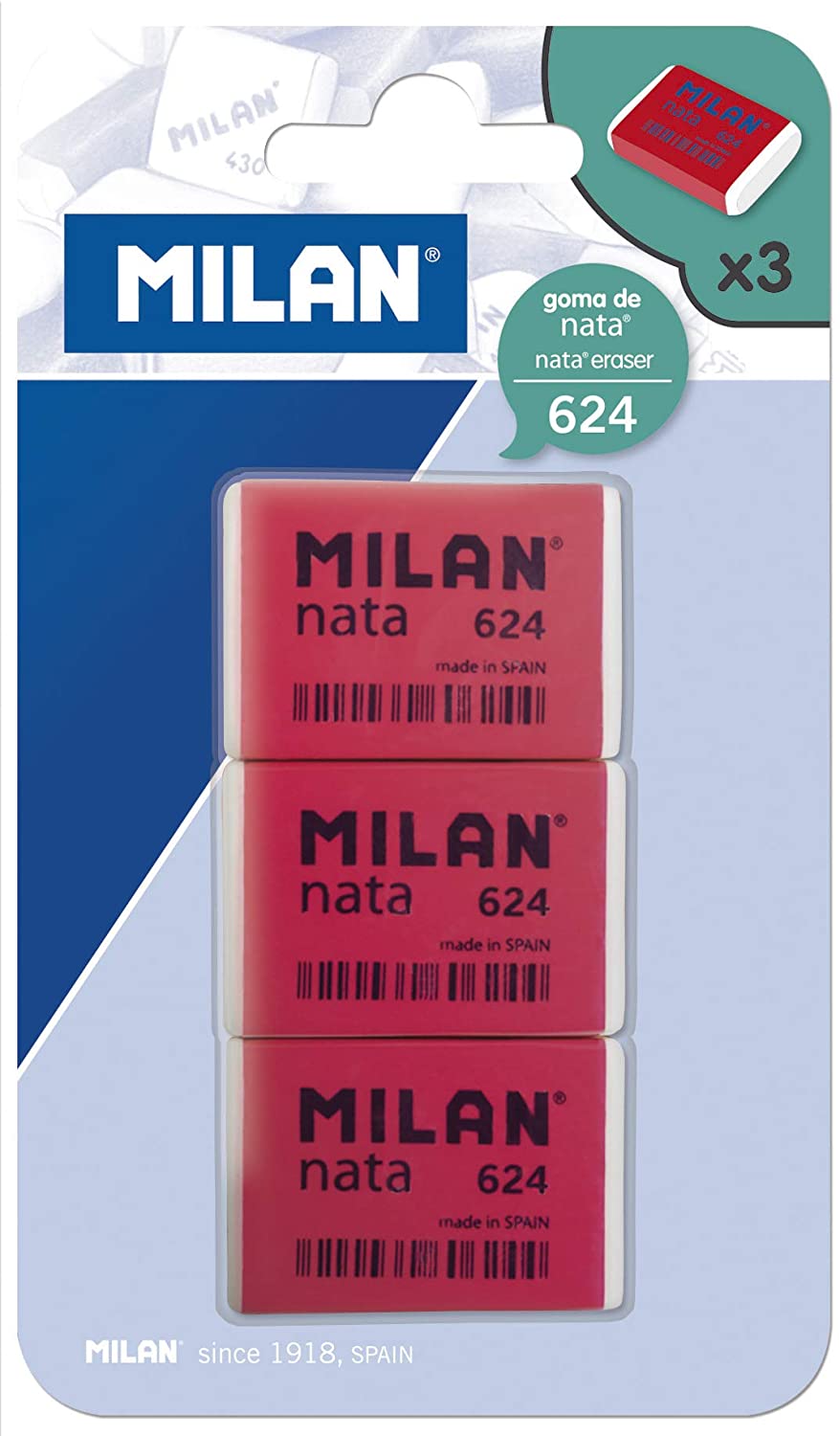 Milan Nata 624 Pack de 3 Gomas de Borrar Rectangulares - Plastico - Suave - No Abrasiva - Color Rojo