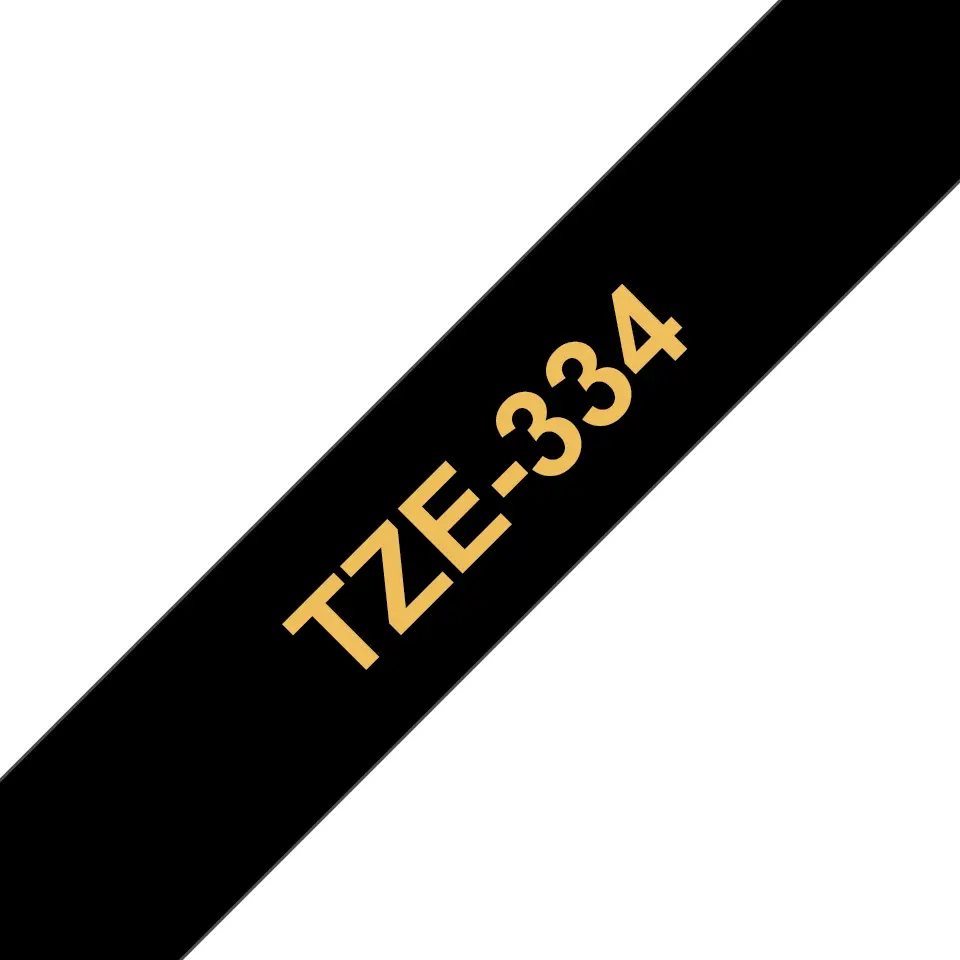 Brother TZe334 Cinta Laminada Generica de Etiquetas - Texto dorado sobre fondo negro - Ancho 12mm x 