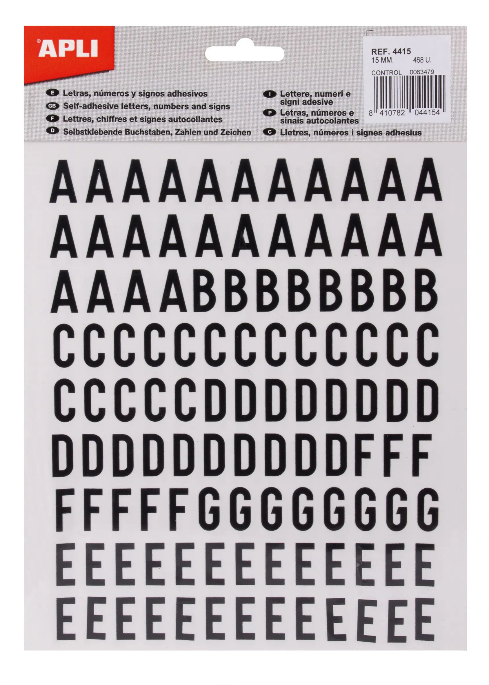 Apli Letras Adhesivas de Palo Mayusculas - Altura 15mm - Pack de 4 Hojas con 468 Letras - Color Negr