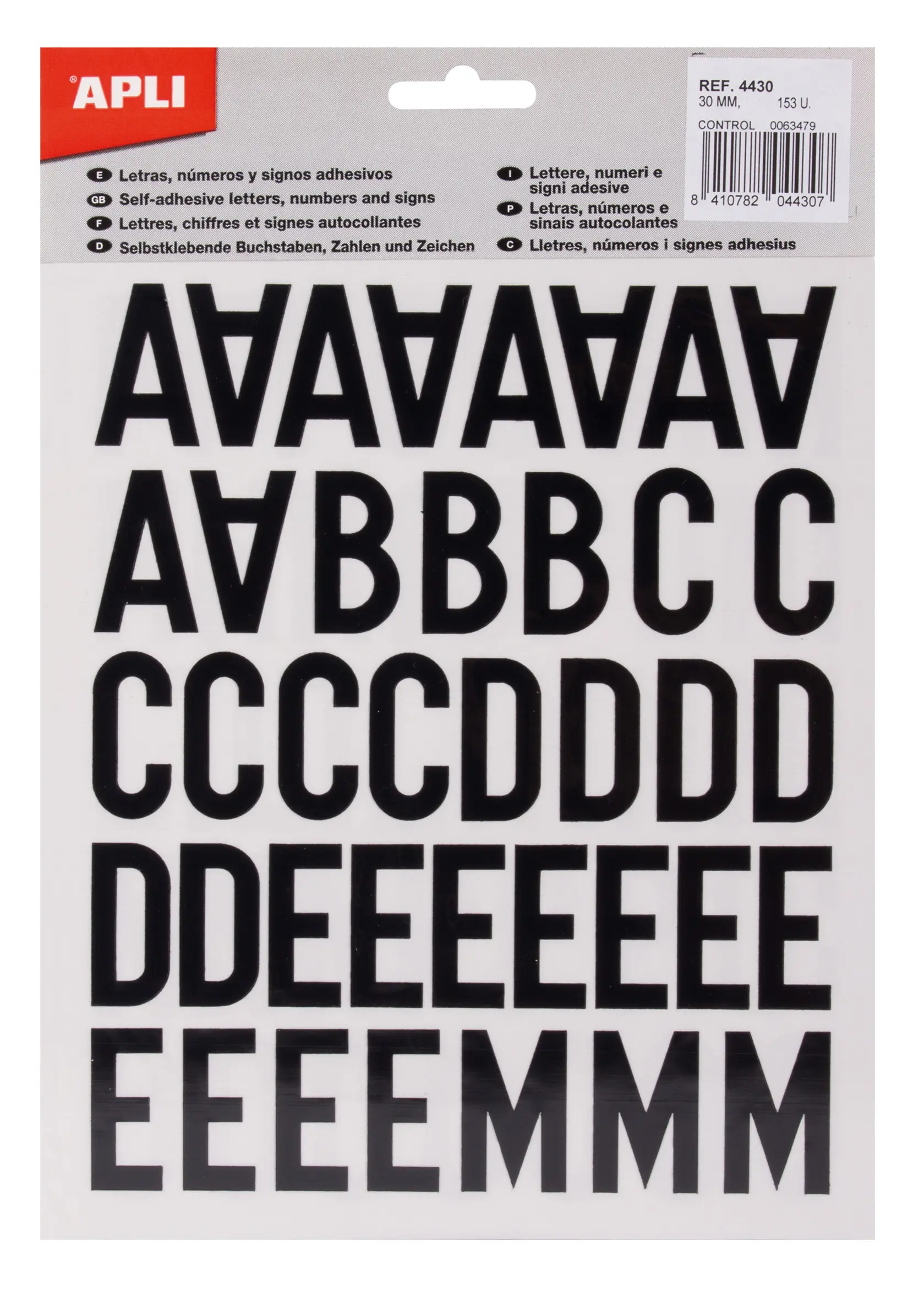 Apli Letras Adhesivas de Palo Mayusculas - Altura 30mm - Color Negro - Pack de 4 Hojas con 153 Letra