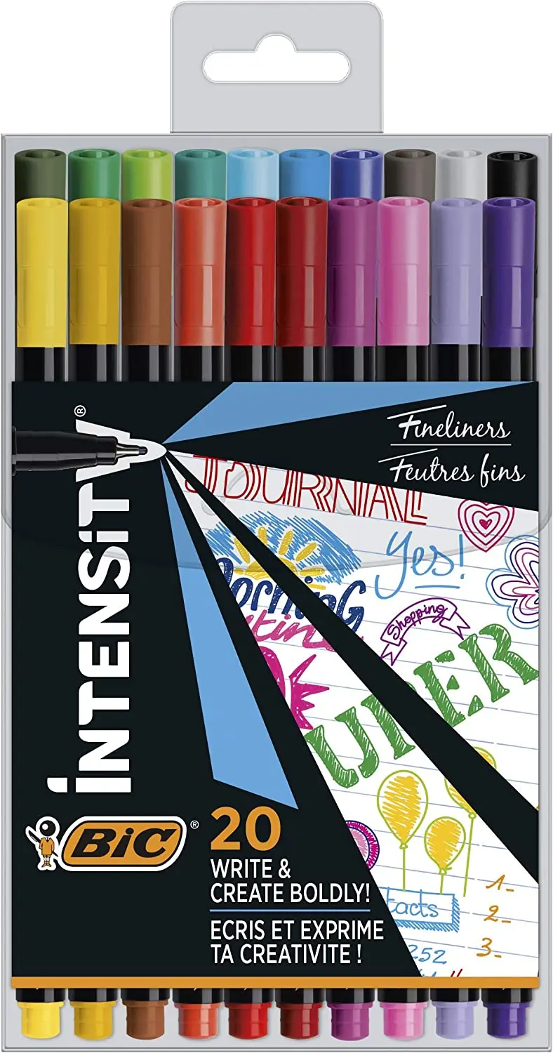Bic Intensity Fine Pack de 20 Rotuladores - Punta Fina de 0.8mm - Trazo de 0.4mm - Tinta con Base de
