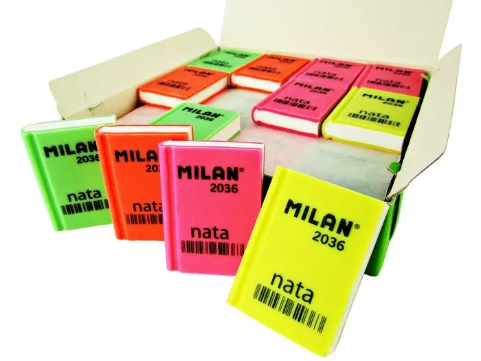 Milan Nata 2036 Goma de Borrar Rectangular - Plastico - Suave - Dise�o Libro - Colores Fluorescentes