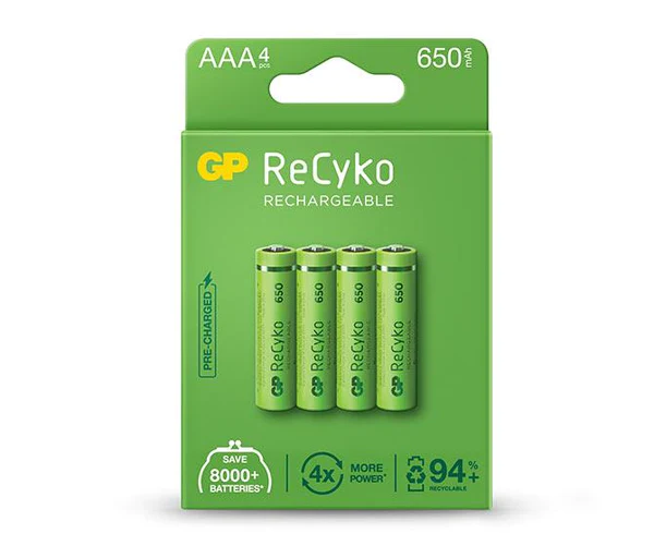 GP ReCyko Pack de 4 Pilas Recargables 650mAh AAA 1.2V - Precargadas - Fabricadas con mas del 10% de 