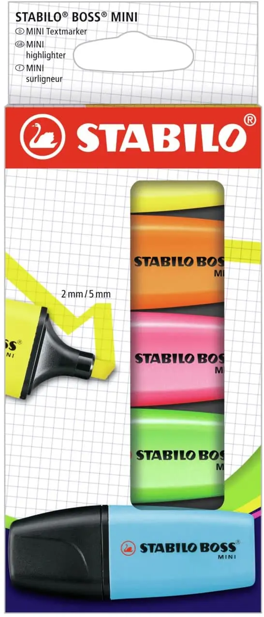 Stabilo Boss Mini Pack de 5 Marcadores Fluorescentes - Trazo entre 2 y 5mm - Tinta con Base de Agua 