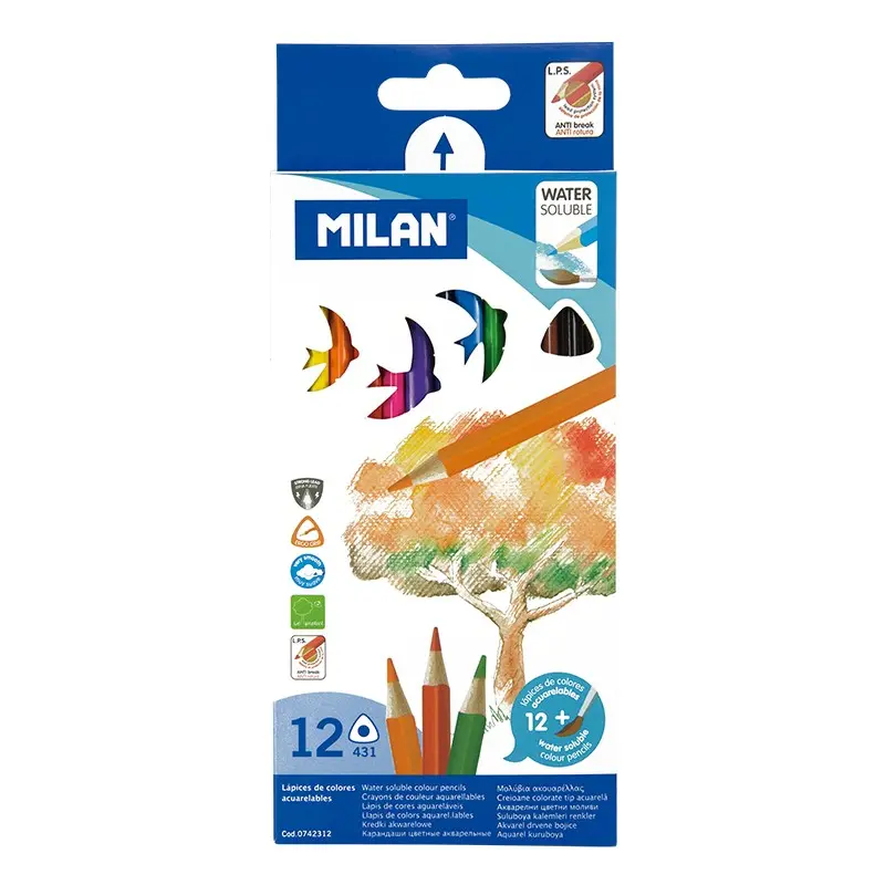 Milan Pack de 12 Lapices Triangulares de Colores Acuarelables + Pincel - Mina 2.9mm - Trazo Uniforme
