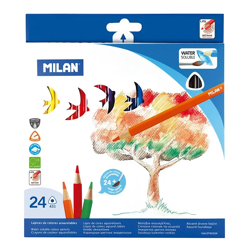 Milan Pack de 24 Lapices Triangulares Acuarelables + Pincel - Mina 2.9mm - Trazo Uniforme - Resisten