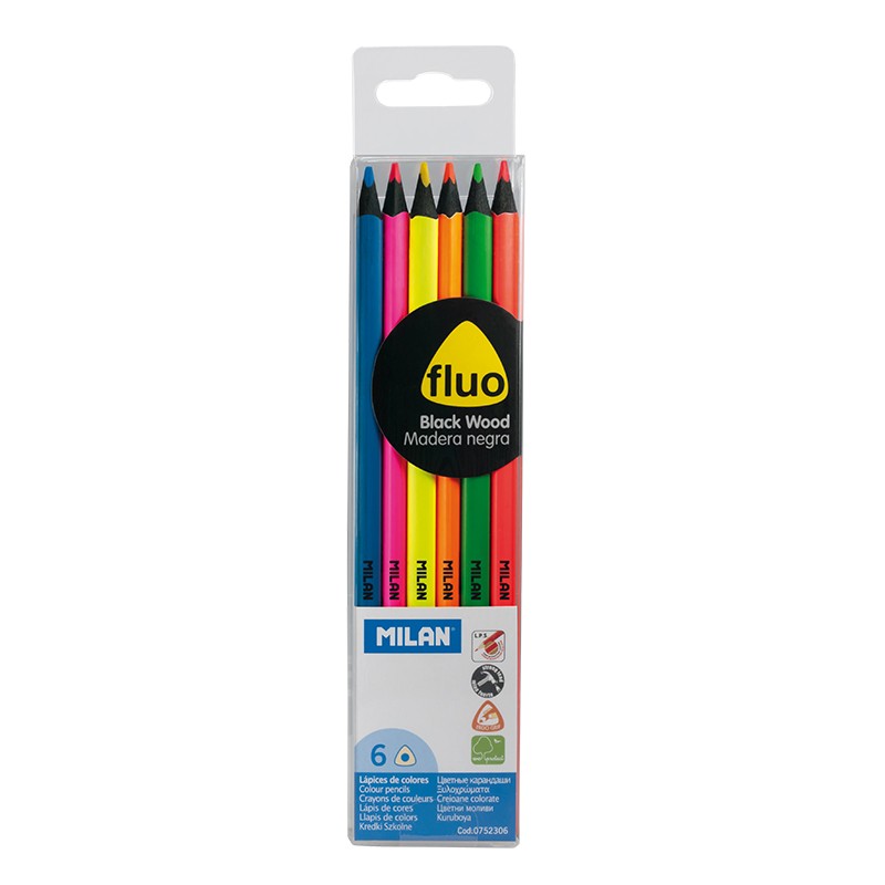 Milan Fluo Pack de 6 Lapices Triangulares de Colores - Mina 2.9mm - Ergonomicos - Resistente a la Ro