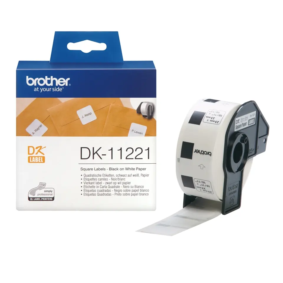 Brother DK11221 - Etiquetas Originales Precortadas Cuadradas - 23x23 mm - 1000 Unidades - Texto negr