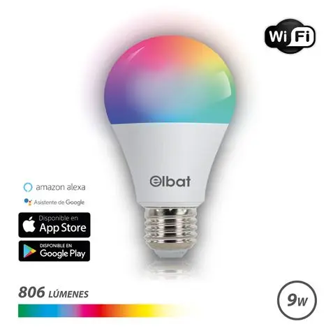 Elbat Bombilla LED Smart Wi-Fi A60 E27 9W 806lm RGB - Temperatura 2700K a los 6000K - Control de Voz