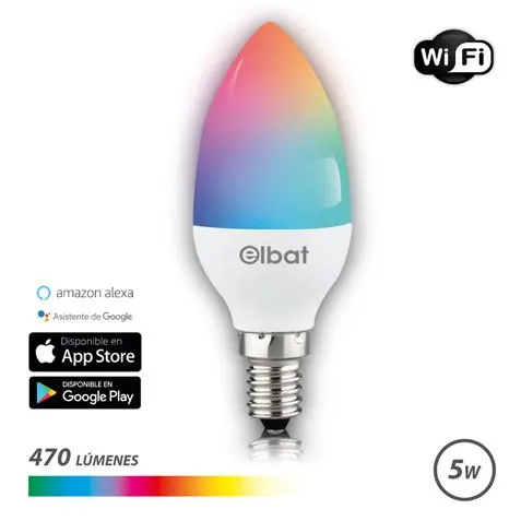 Elbat Bombilla LED Vela Smart Wi-Fi C37 E14 5W 470lm RGB - Temperatura 2700K a los 6000K - Control d