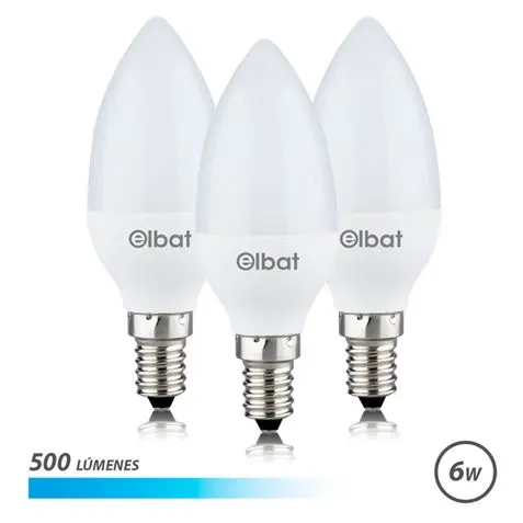 Elbat Bombillas LED C37 Pack de 3 - 6W - 500LM - Base E14 - Luz Fria - Ahorro Energetico - Blanco Fr