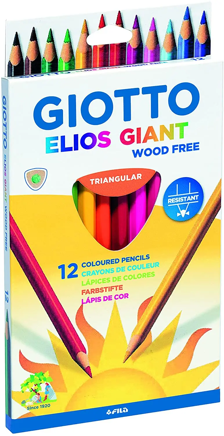 Giotto Elios Giant Wood Free Pack de 12 Lapices Triangulares de Colores - Sin Madera - Mina 5 mm - C