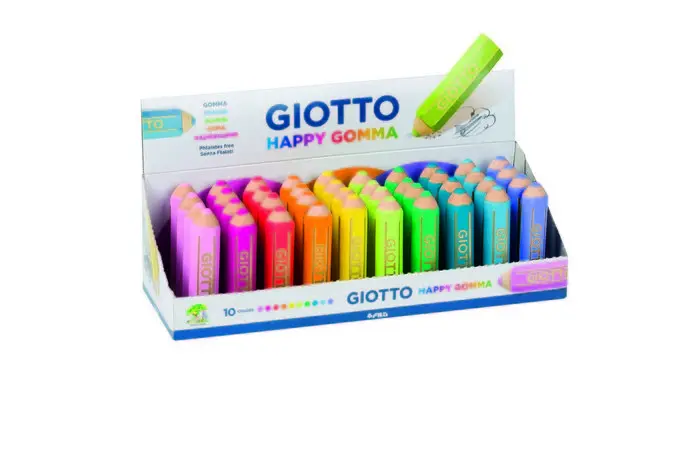Giotto Happy Gomma Expositor de 40 Gomas de Borrar - Forma de Lapiz - Para Borrar Grafito - 10 Color