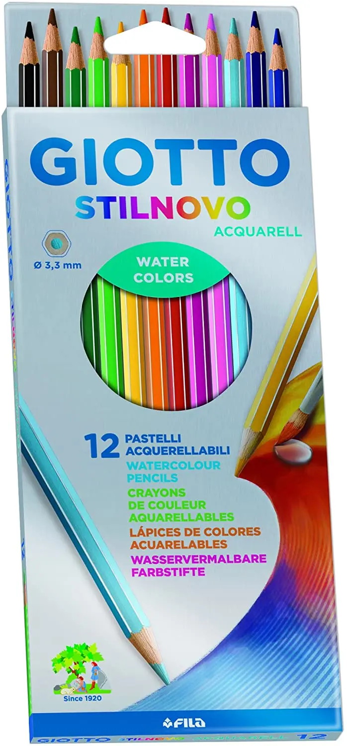 Giotto Stilnovo Acquarell Pack de 12 Lapices de Colores Acuarelables Hexagonales - Mina 3.3 mm - Mad