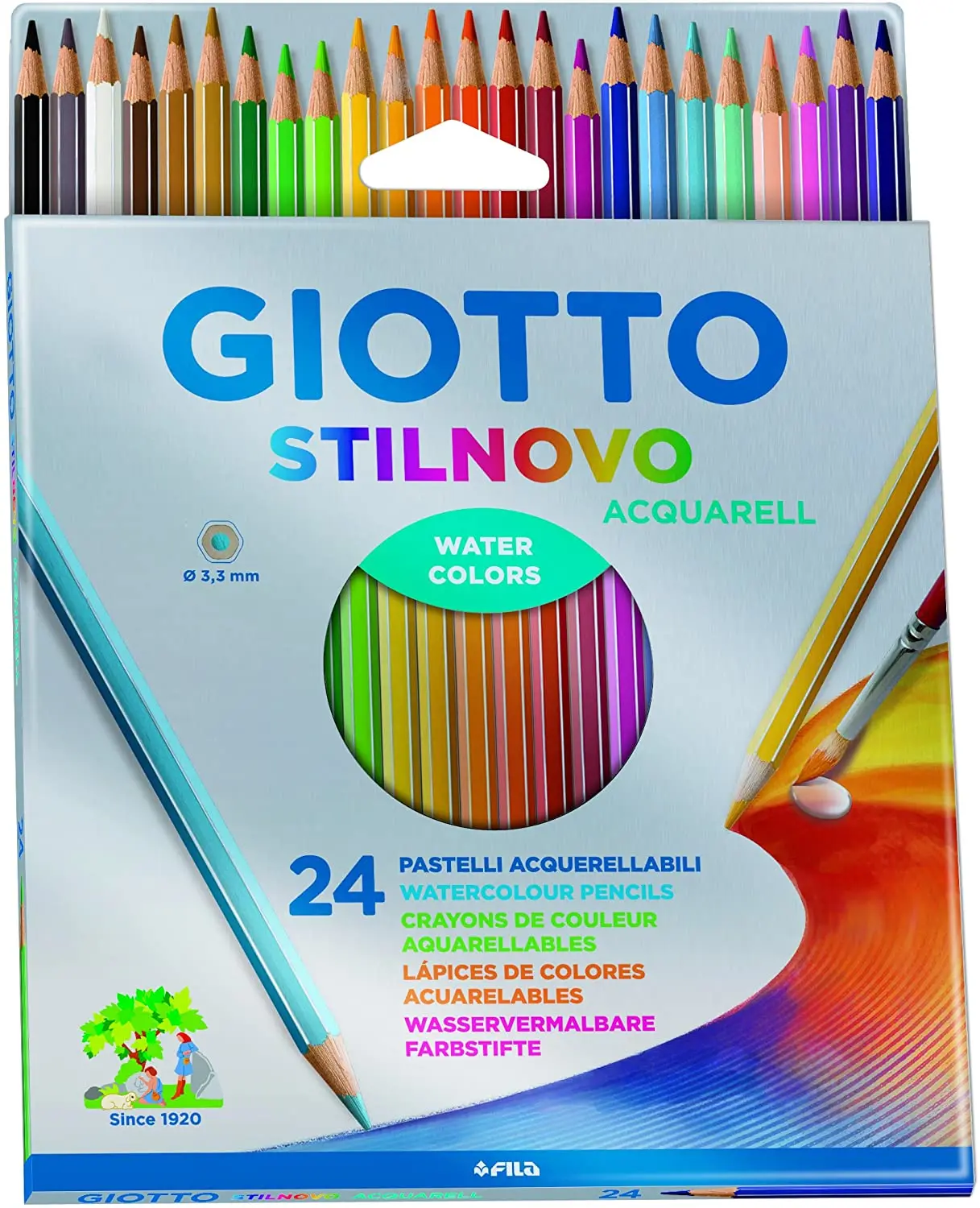 Giotto Stilnovo Acquarell Pack de 24 Lapices de Colores Acuarelables Hexagonales - Mina 3.3 mm - Mad