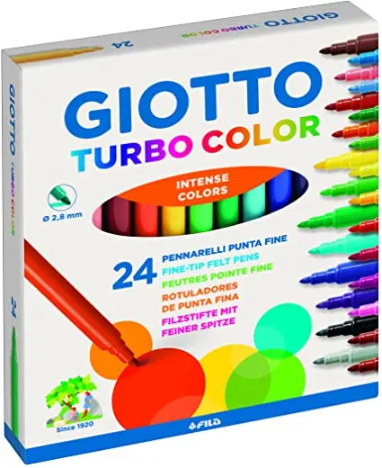 Giotto Turbo Color Pack de 24 Rotuladores - Punta Fina 2.8 mm. - Tinta al Agua - Lavable - Colores S