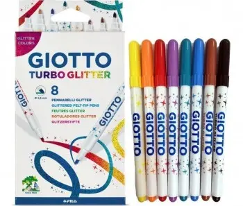 Giotto Turbo Glitter Pack de 8 Rotuladores - Punta Fina 2.8mm - Tinta al Agua - Lavable - Colores Su