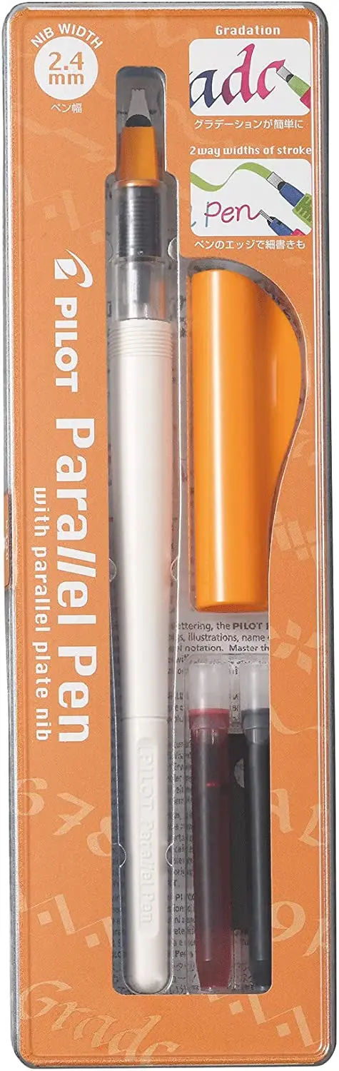 Pilot Pack de Pluma Estilografica Parallel Pen 2.4mm - Punta de Acero - Trazo de 2.4mm - 2 Recargas 