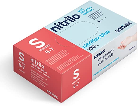 Santex Nitriflex Blue Pack de 100 Guantes de Nitrilo para Examen Talla S - 3.5 gramos - Sin Polvo - 