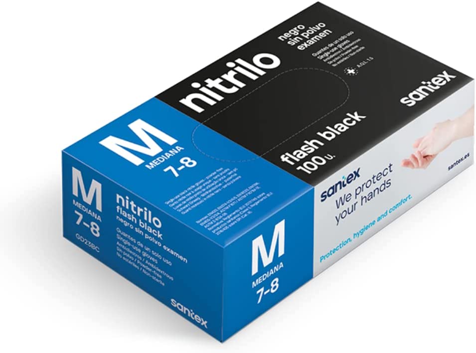 Santex Flash Black Pack de 100 Guantes de Nitrilo Talla M - 6 gramos - Sin Polvo - Libre de Latex - 