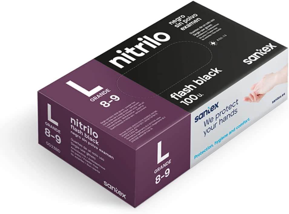 Santex Flash Black Pack de 100 Guantes de Nitrilo Talla L - 6 gramos - Sin Polvo - Libre de Latex - 