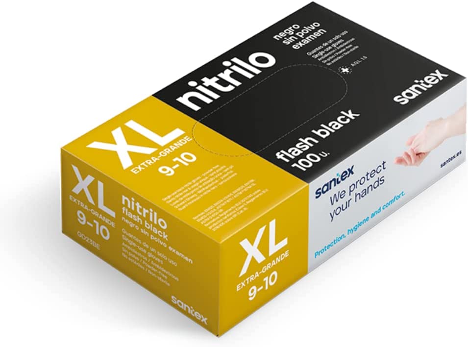Santex Flash Black Pack de 100 Guantes de Nitrilo Talla XL - 6 gramos - Sin Polvo - Libre de Latex -