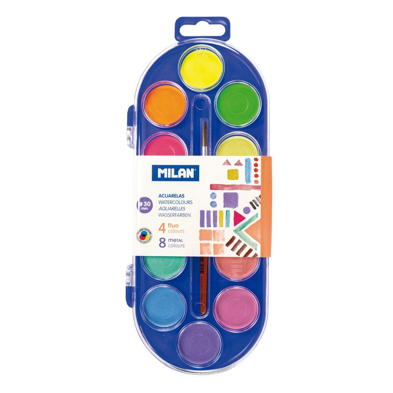 Milan 0531512 Estuche de 12 Acuarelas �30 mm + Pincel  Serie 101 - Mezclable - Colores Fluorescentes