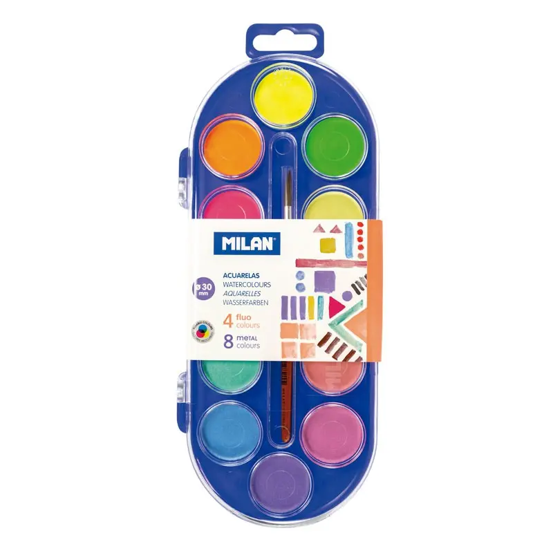Milan 0531512 Estuche de 12 Acuarelas �30 mm + Pincel  Serie 101 - Mezclable - Colores Fluorescentes