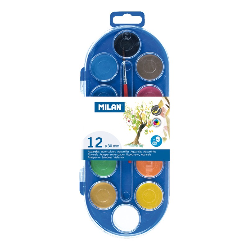 Milan 80011 Estuche de 12 Acuarelas �30 mm + Pincel  Serie 101 - Mezclable - Colores Surtidos