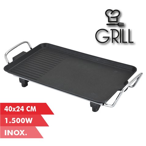 Muvip Plancha de Asar Electrica 1500W - 2 Zonas Lisa y Grill - Placa Antiadherente - Asas Tacto Frio