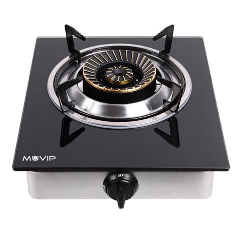 Muvip Cocina de Gas Inox 1 Fuego - Cristal Templado - Encendido Piezoelectrico - Quemador de Hierro 