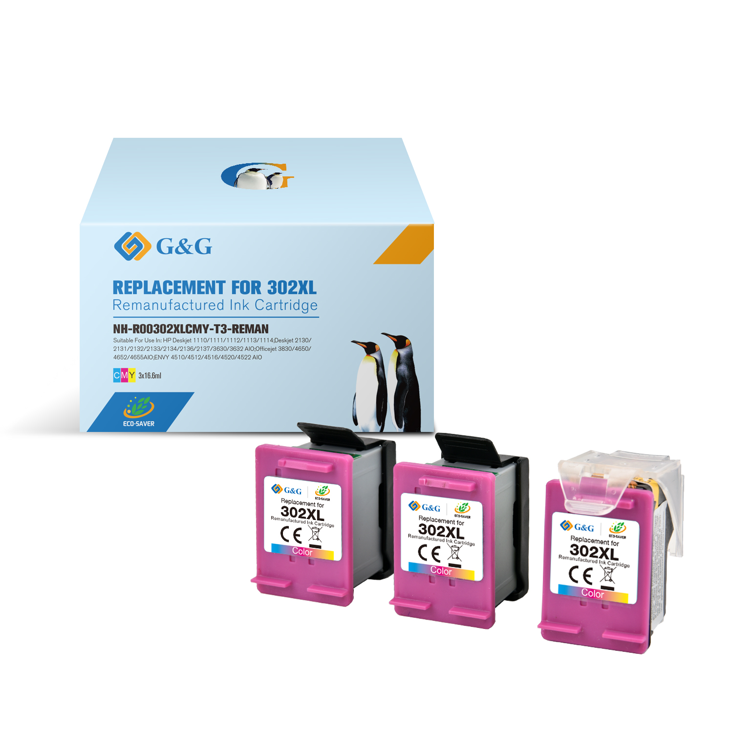G&G HP 302XL Color Pack de 3 Cartuchos de Tinta Remanufacturados - Eco Saver - Muestra Nivel de Tint