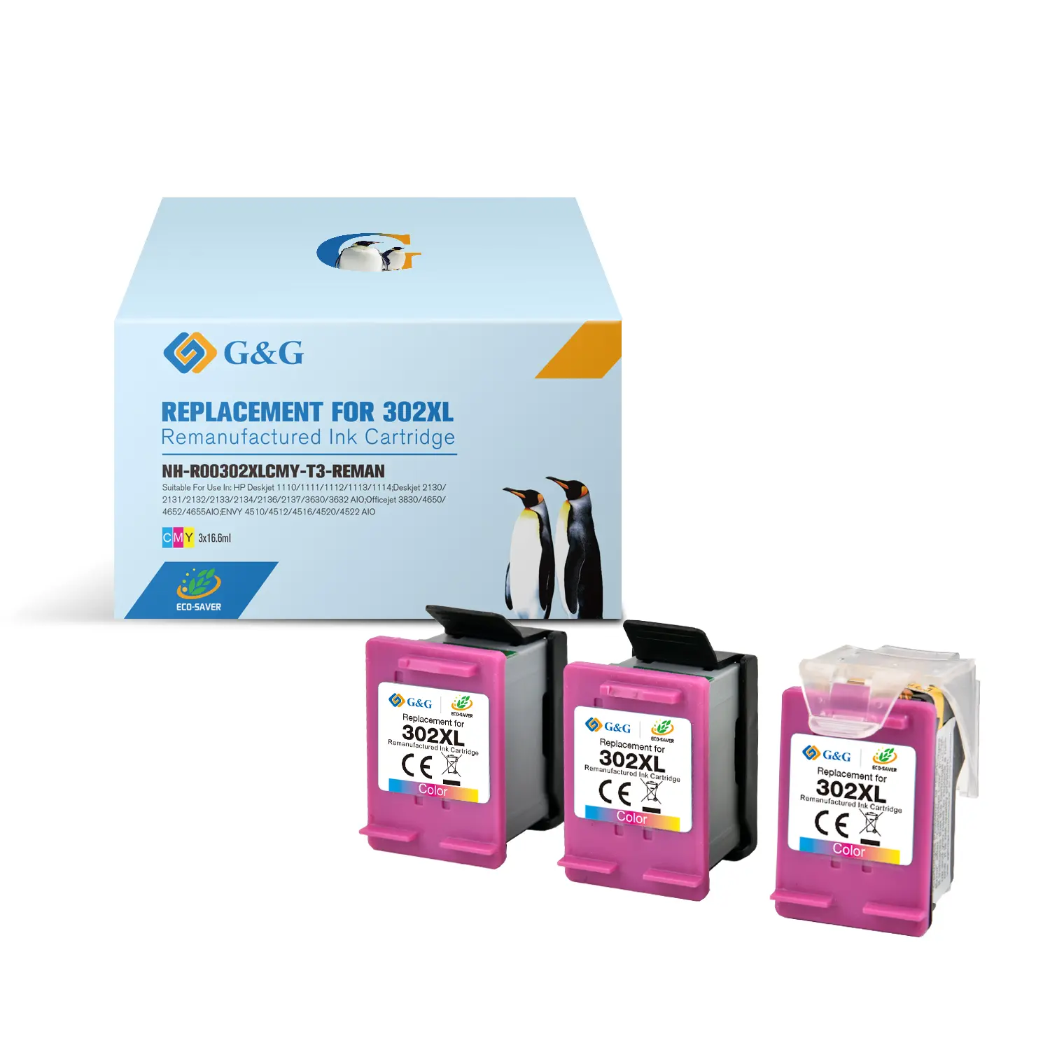 G&G HP 302XL Color Pack de 3 Cartuchos de Tinta Remanufacturados - Eco Saver - Muestra Nivel de Tint