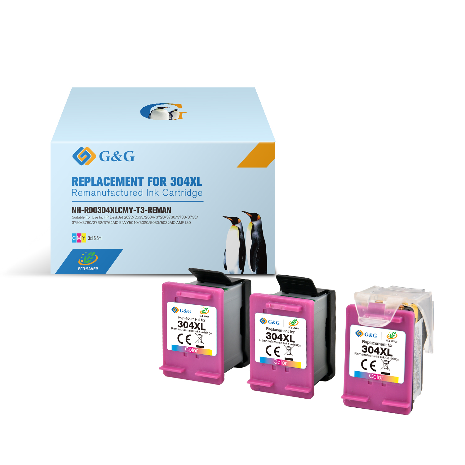 G&G HP 304XL Color Pack de 3 Cartuchos de Tinta Remanufacturados - Eco Saver - Muestra Nivel de Tint