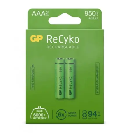 GP ReCyko Pack de 2 Pilas Recargables 950mAh AAA 1.2V - Precargadas - Ciclo de Vida: Hasta 1.000 Vec