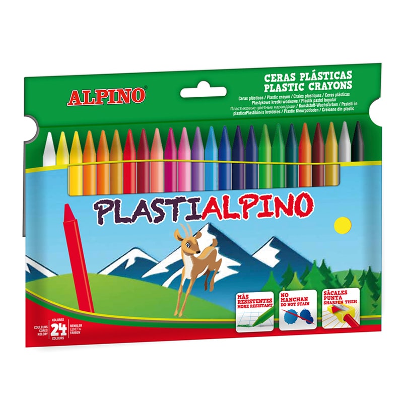Alpino Pack de 24 Ceras PlastiAlpino para Nios - Material Resistente y No Mancha - Colores Brillant