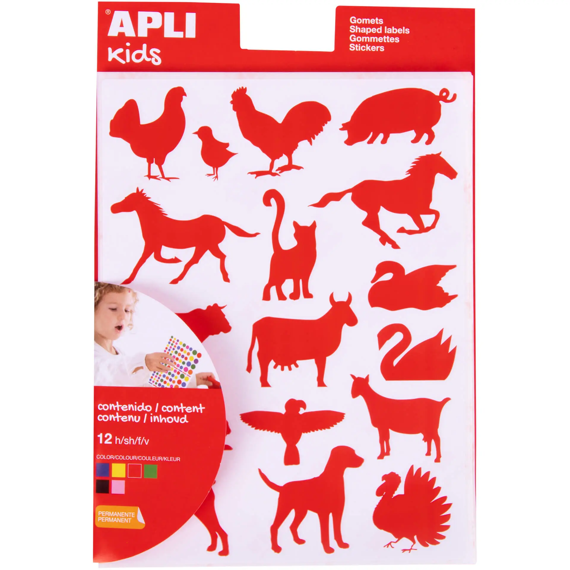 Apli Bolsa de Gomets de Adhesivo Permanente con Formas de Animales de Granja - 204 Gomets por Bolsa 