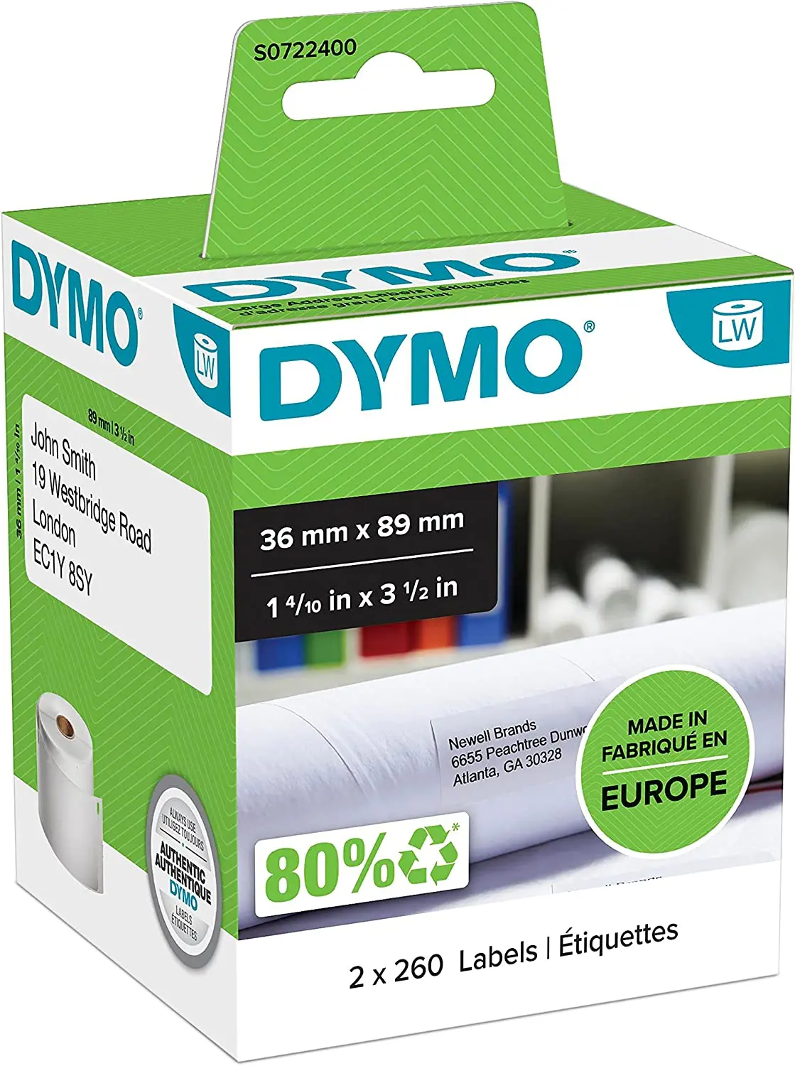 Dymo LW 99012 Etiquetas Originales de Direccion Grandes Autoadhesivas - 36x89mm - 520 Unidades - S07