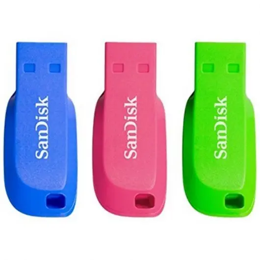 Sandisk Pack de 3 Cruzer Blade Memoria USB 2.0 32GB - Ultra Compacta - Color Azul, Rosa y Verde (Pen