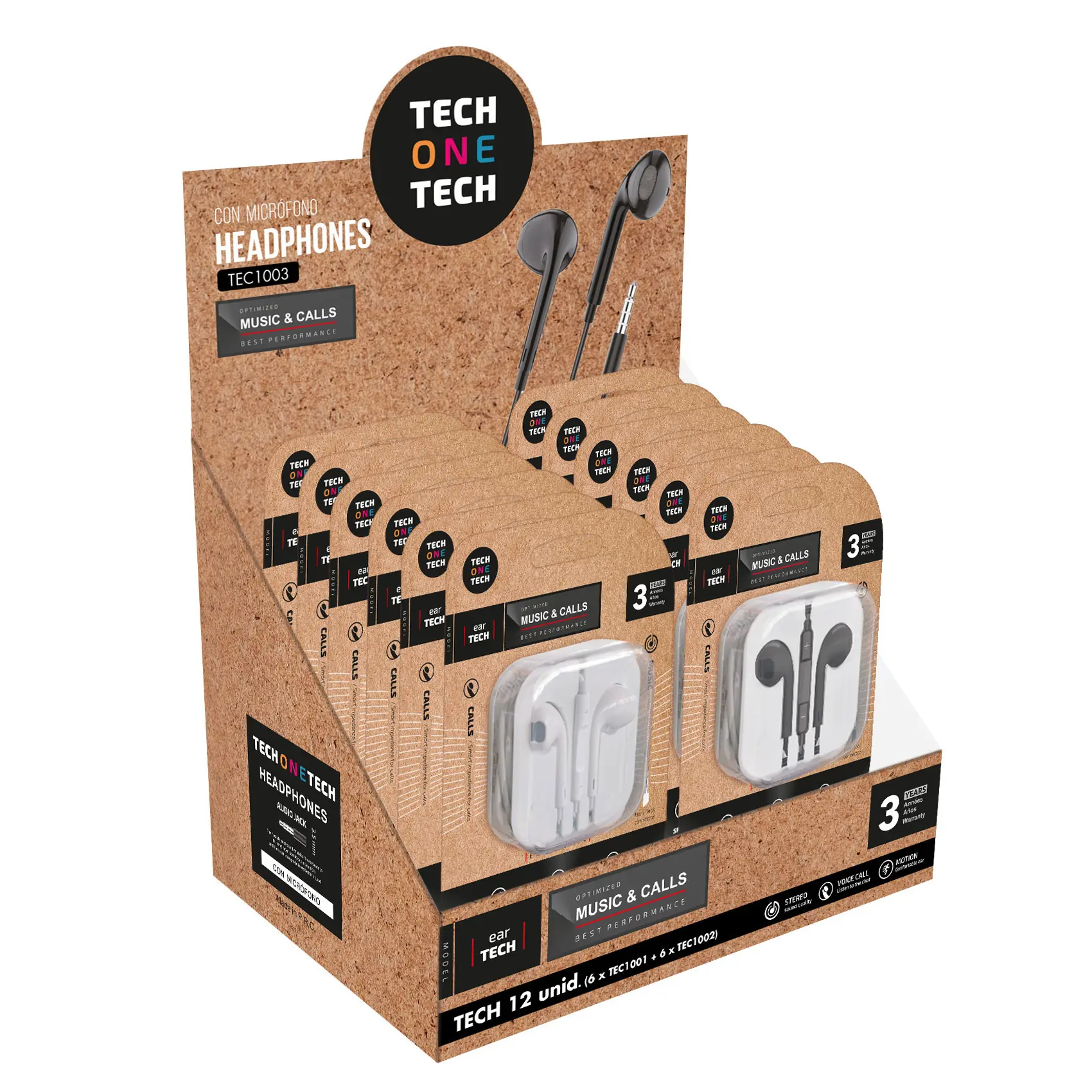 TechOneTech Ear Tech Expositor de 12 Auriculares Intraurales - Microfono Integrado - Mini Jack 3.5mm